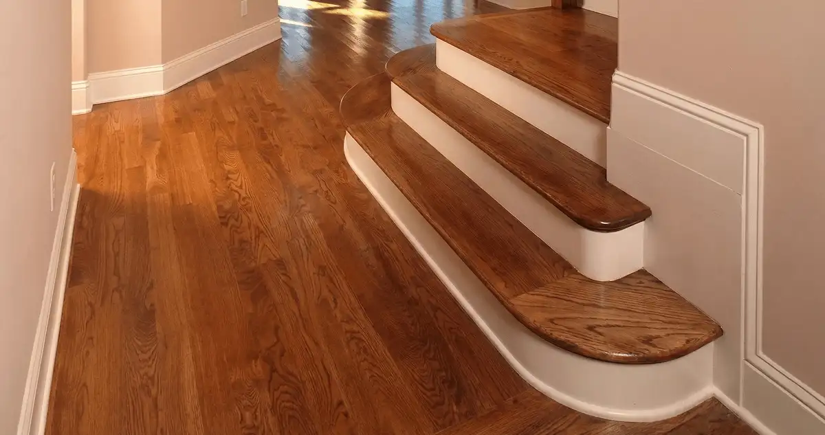 Base floor of a staircase with professionally restored wood flooring in Orlando FL