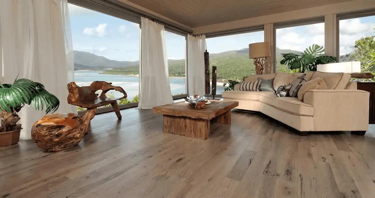 Professionally installed vinyl flooring in a modern living room with large windows in Orlando, FL